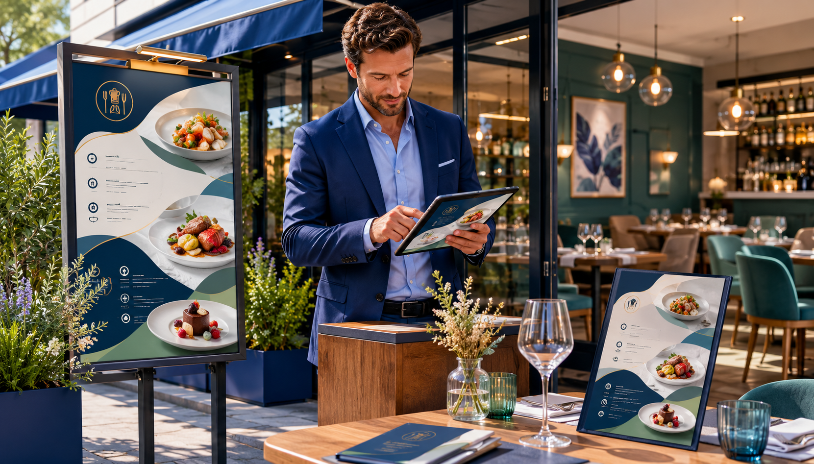 Façade de restaurant chic avec panneau menu extérieur montrant les différents types d'affichages